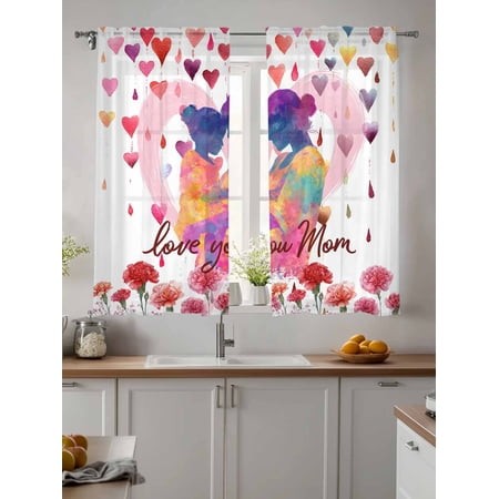 Sheer Curtains 63 Inches Long 2 Panels  Mother S Day Pink Rose Heart Rod Pocket Curtain Voile Draperies  Love You Mom Words Light Filtering Window Tre
