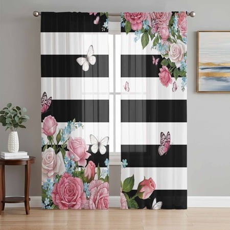 Sheer Curtains 84 Inches Long 2 Panels  Spring Rose Flower Butterfly Rod Pocket Curtain Voile Draperies  Black White Stripe Light Filtering Window Tre