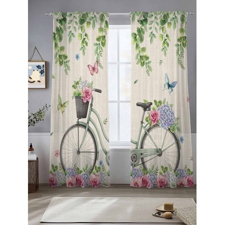 Sheer Curtains 96 Inches Long 2 Panels  Vintage Bike on Linen Rod Pocket Curtain Voile Draperies  Spring Jugal Leaves Roses Light Filtering Window Tre