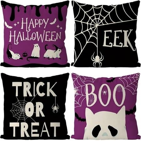 AUQ 2026 New Halloween Pillow Covers 18X18  Set of 4 Ghost Cat Purple Pillowcase Holiday Farmhouse Throw Pillows Indoor Outdoor Couch Cushion Case for