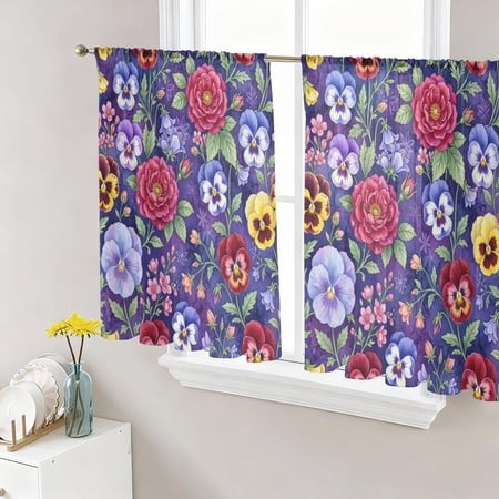 Pansies Roses Sheer Curtains for Living Room Bedroom  Garden Flowers Floral Botanical Purple Light Filtering Sheer Curtain Rod Pocket Voile Window Tre