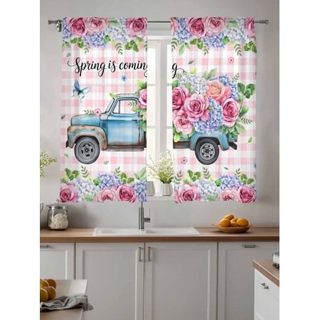 Sheer Curtains 63 Inches Long 2 Panels  Spring Is Coming Blue Car Rod Pocket Curtain Voile Draperies  White Pink Plaid Rose Light Filtering Window Tre