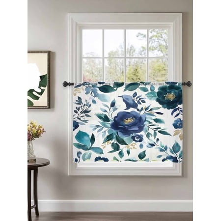Blue Rose Sheer Curtains 45 Inch Long 1 Panel Watercolor Floral Leaf Countryside Retro Rod Pocket Voile Cafe Curtains Light Filtering Small Window Tre