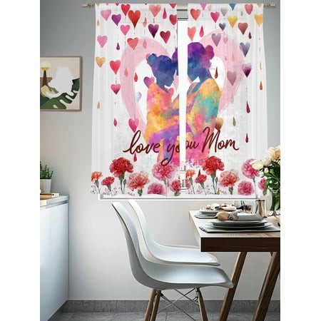 Sheer Curtains 72 Inches Long 2 Panels  Mother S Day Pink Rose Heart Rod Pocket Curtain Voile Draperies  Love You Mom Words Light Filtering Window Tre