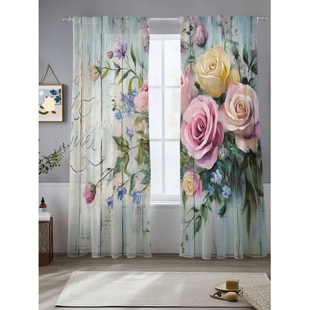 Sheer Curtains 96 Inches Long 2 Panels  Spring Rose Pastoral Flowers Rod Pocket Curtain Voile Draperies  Vintage Wood Grain Light Filtering Window Tre