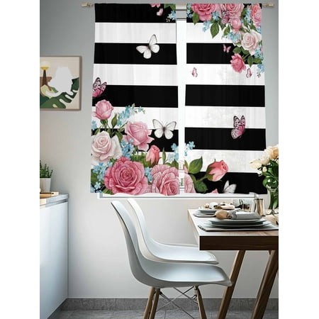 Sheer Curtains 72 Inches Long 2 Panels  Spring Rose Flower Butterfly Rod Pocket Curtain Voile Draperies  Black White Stripe Light Filtering Window Tre