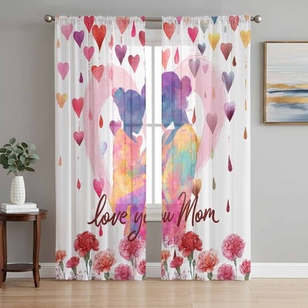 Sheer Curtains 84 Inches Long 2 Panels  Mother S Day Pink Rose Heart Rod Pocket Curtain Voile Draperies  Love You Mom Words Light Filtering Window Tre