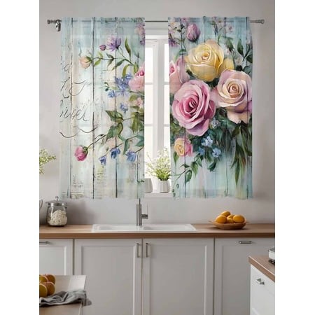 Sheer Curtains 63 Inches Long 2 Panels  Spring Rose Pastoral Flowers Rod Pocket Curtain Voile Draperies  Vintage Wood Grain Light Filtering Window Tre