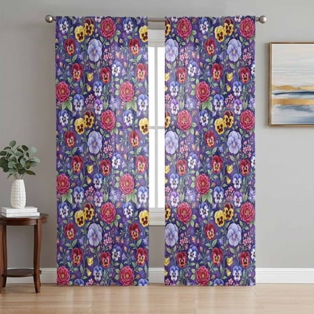 Pansies Roses Sheer Curtains for Living Room Bedroom  Garden Flowers Floral Botanical Purple Light Filtering Sheer Curtain Rod Pocket Voile Window Tre