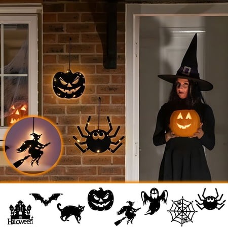 HIBIBUD 2026 New Halloween Window Lights Halloween Silhouette Lights Battery Operated Pumpkin Witch Bat Ghost Spider Web Cat Castle Lighted Halloween 