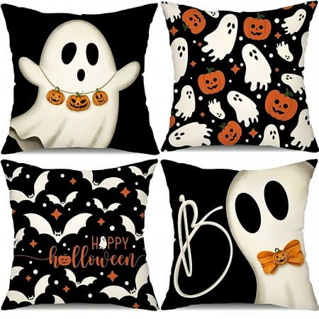 AUQ 2026 New Halloween Pillow Covers 18X18  Set of 4 Halloween Decorations Ghost Pumpkins Bats Decor Holiday Pillow Case Farmhouse Decor for Home Sofa