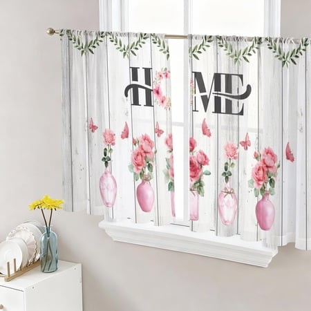 HOME Sheer Curtains for Living Room Bedroom  Roses Floral Vases Butterfly Rustic Wood Planks Light Filtering Sheer Curtain Rod Pocket Voile Window Tre