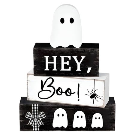 XIBUFE 2026 New 4 Pcs Halloween Coffee Ghost Wooden Sign Set Tiered Tray Farmhouse Tabletop Decor Kitchen Counter & Mantel Centerpiece Spooky Fall Par