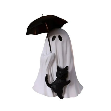 XIBUFE 2026 New Ghost Cat Halloween Figurine – Ghost Holding Umbrella with Cat Statue Spooky Resin Halloween Decoration for Shelf Table Desktop Indo