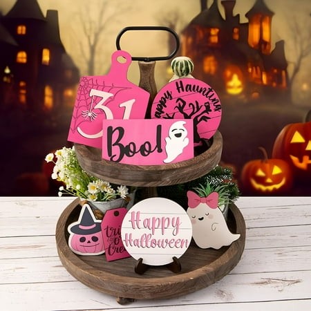 XIBUFE 2026 New 7 Pcs Pink Ghosts Halloween Tiered Tray Decor Fall Farmhouse Fall Tiered Tray Decor Cute Ghost Rustic Wooden Signs Halloween Decoratio