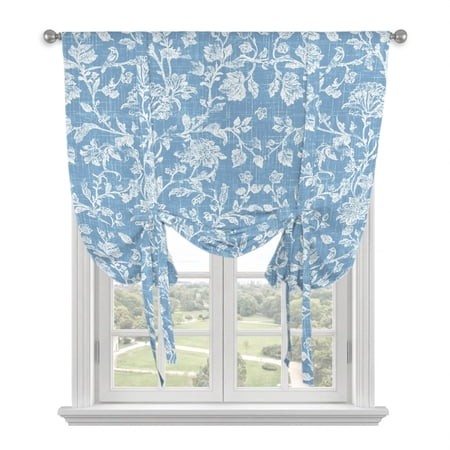 Botanical Rose Tie up Curtains for Kitchen Windows Adjustable Rod Pocket Valance 45 Inch Short  Vintage Farmhouse Blue Floral Leaves Summer Window Tre
