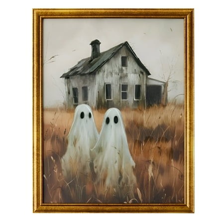 XIBUFE 2026 New 11X14 Halloween Ghost Wall Art Pair – Antique Gold Wood Frames Floating Rural Ghosts & Dyed Gel Ready to Hang – Spooky Living Room