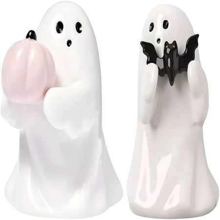 XIBUFE 2026 New Cute Ghost Halloween Decorative Figurine Holding Bat Pink Pumpkin Ghost Resin Halloween Home Standing Ghost Decor Tabletop Decorations