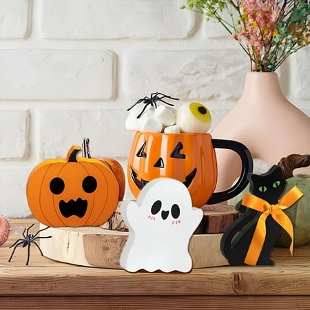 XIBUFE 2026 New 3Pcs/Set Tiered Tray Decor Cute Black Cat Ghost and Pumpkin Decorations Table Decor Wooden Decor for Home Mantle Fireplace Shelf for T