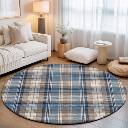 Blue Gray Buffalo Plaid Washable Round Area Rug 6 Ft  Rustic Farmhouse Soft Non Slip Rugs Stain Repellent Indoor Felt Carpet for Living Dining Room Be