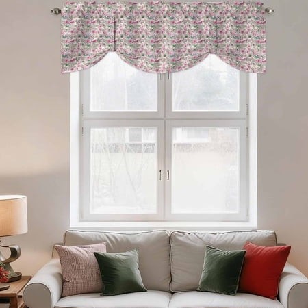 Tie up Valance Curtain for Kitchen Spring Rose Pink Purple Flower on Linen Rod Pocket Short Curtains Adjustable Tie-up Shade Valances Plant Window Tre