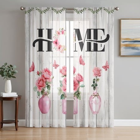 HOME Sheer Curtains for Living Room Bedroom  Roses Floral Vases Butterfly Rustic Wood Planks Light Filtering Sheer Curtain Rod Pocket Voile Window Tre