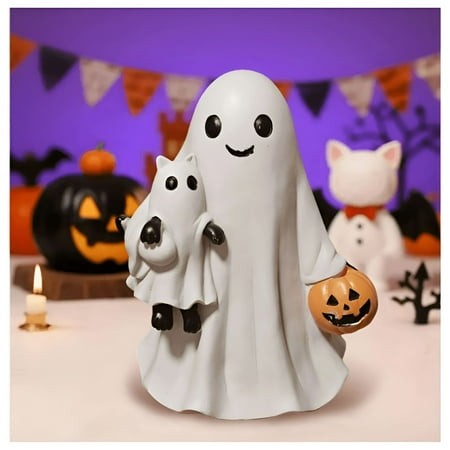 XIBUFE 2026 New Ghost & Cat Hugging Decorative Spooky Cute Halloween Ghost Decor with Ghost Hugging Cat Resin Statue for Home Porch Garden Tabletop Bo