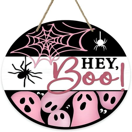 XIBUFE 2026 New Halloween Hey Boo Sign for Front Door Decor Spooky Pink Ghost Spider Web Wood Door Hanger for Outdoor Outside Porch Funny Holiday Wood