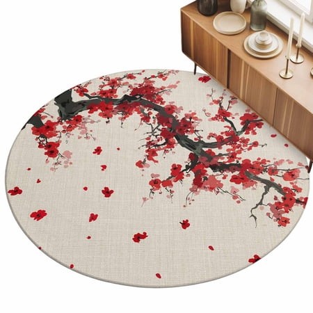 Red Flower 4ft Non Slip Round Area Rug Spring Floral Branch Water Ink Painting Retro Gradient Washable Soft Area Rugs for Living Room  Indoor Circle C