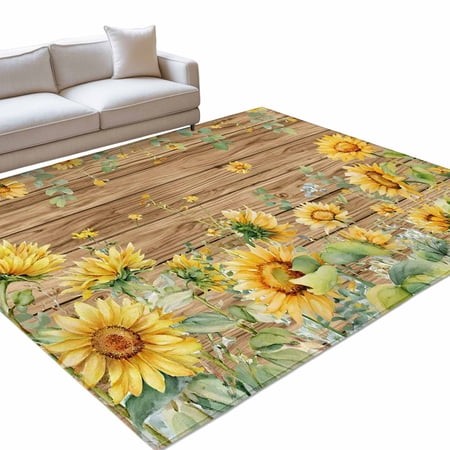 Summer Floral 8x10ft Non Slip Area Rug Watercolor Sunflower Eucalyptus Leaves Wood Grain Washable Soft Area Rugs for Living Room  Indoor Circle Carpet
