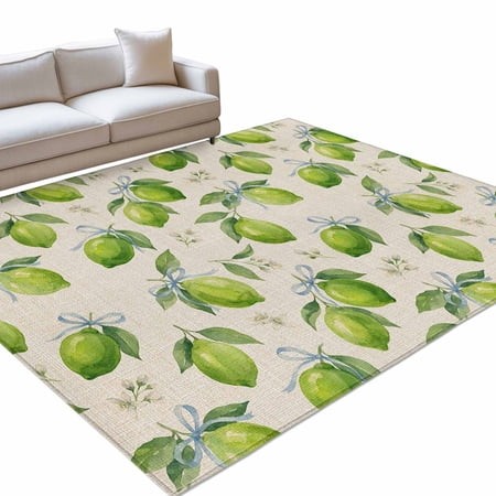 Green Lemon 5x8ft Non Slip Area Rug Summer Watercolor Bowknot Lemon Linen Texture Washable Soft Area Rugs for Living Room  Indoor Circle Carpet for Be