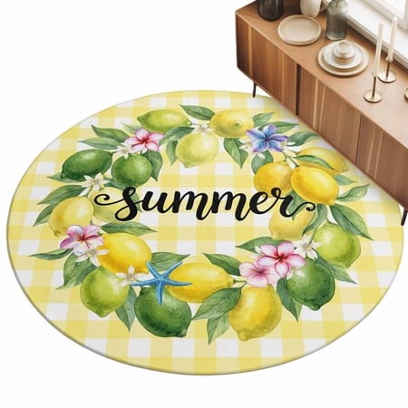 Summer 4ft Non Slip Round Area Rug Yellow Green Lemon Leaf Flowers Garland Buffalo Plaid Washable Soft Area Rugs for Living Room  Indoor Circle Carpet