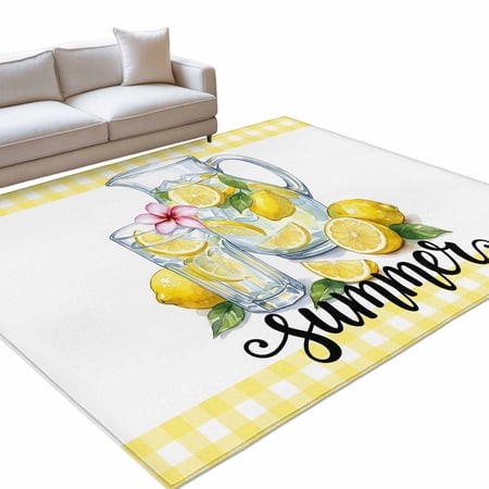 Summer Theme 5x8ft Non Slip Area Rug Pastoral Lemonade Yellow Buffalo Plaid Modern Washable Soft Area Rugs for Living Room  Indoor Circle Carpet for B