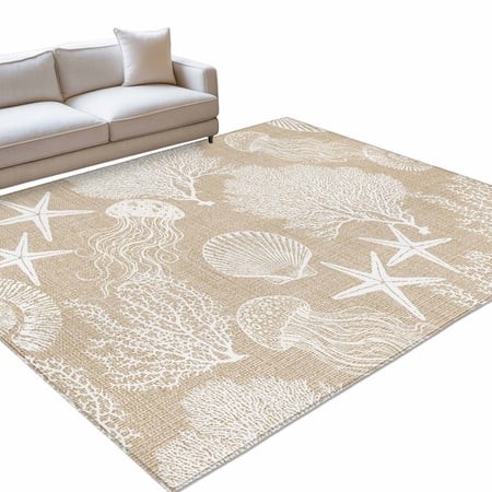 Beige Coastal 6x9ft Non Slip Area Rug Nautical Starfish Jellyfish Coral Summer Washable Soft Area Rugs for Living Room  Indoor Circle Carpet for Bedro
