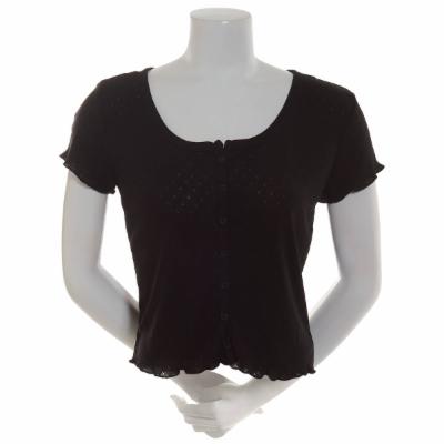 Juniors Poof! Lettuce Edge Button Front Scoop Neck Top Sweet Mint