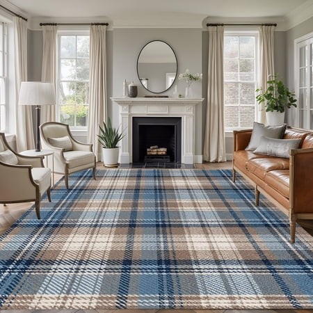 Blue Gray Buffalo Plaid 6 X9  Rug for Dining Room Table and Chair Setup  Rustic Farmhouse Low Pile Washable Non Slip Rectangle Area Rug for Living Roo