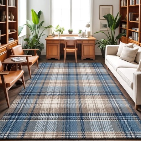 Blue Gray Buffalo Plaid Washable Area Rug 6 X 9 Ft Rustic Farmhouse Soft Non Slip Rugs Stain Repellent Indoor Felt Carpet for Living Dining Room Bedro