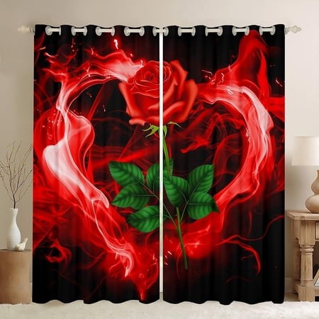 Valentine  S Day Window Curtains for Bedroom Living Room Red Rose Fire Window Drapes for Adults Romantic Flowers Curtains Lover Couple Gift Window Tre