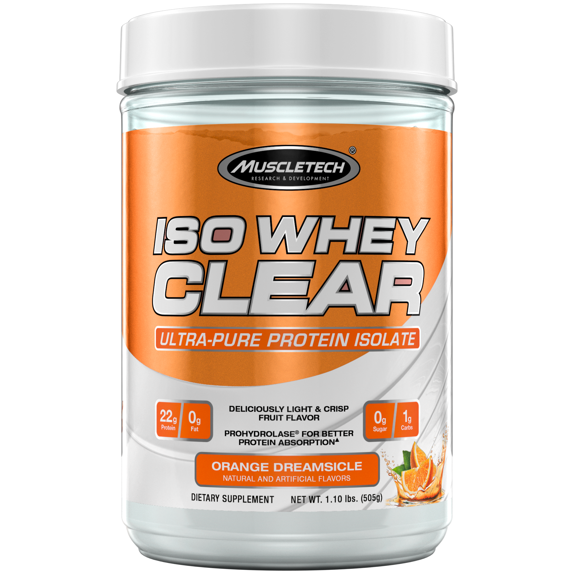 MuscleTech, ISO Whey Clear, Ultra-Pure Protein Isolate, Orange Dreamsicle, 1.11 Lbs (505 G)