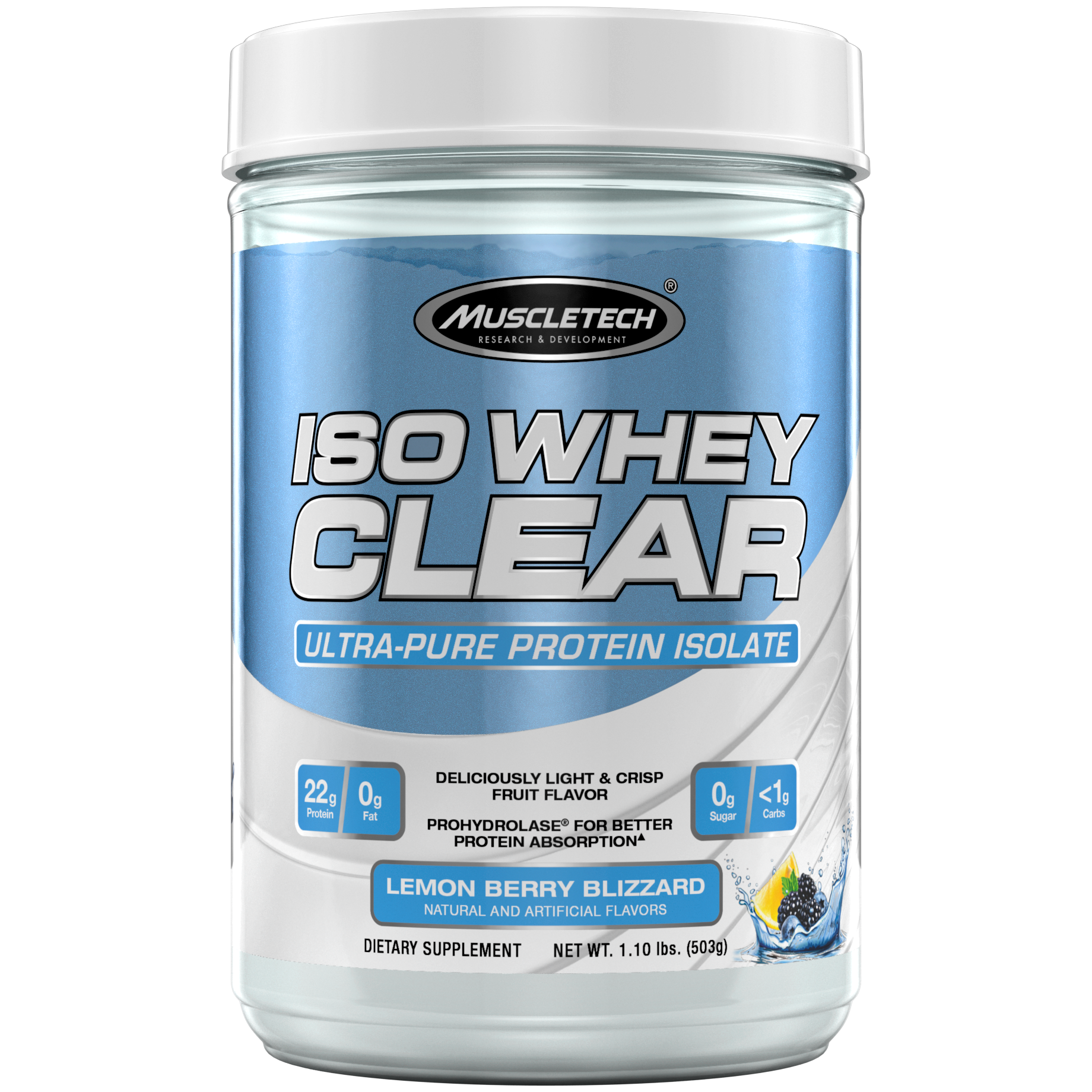 MuscleTech, ISO Whey Clear, Ultra-Pure Whey Protein Isolate, Lemon Berry Blizzard, 1.11 Lbs (503 G)