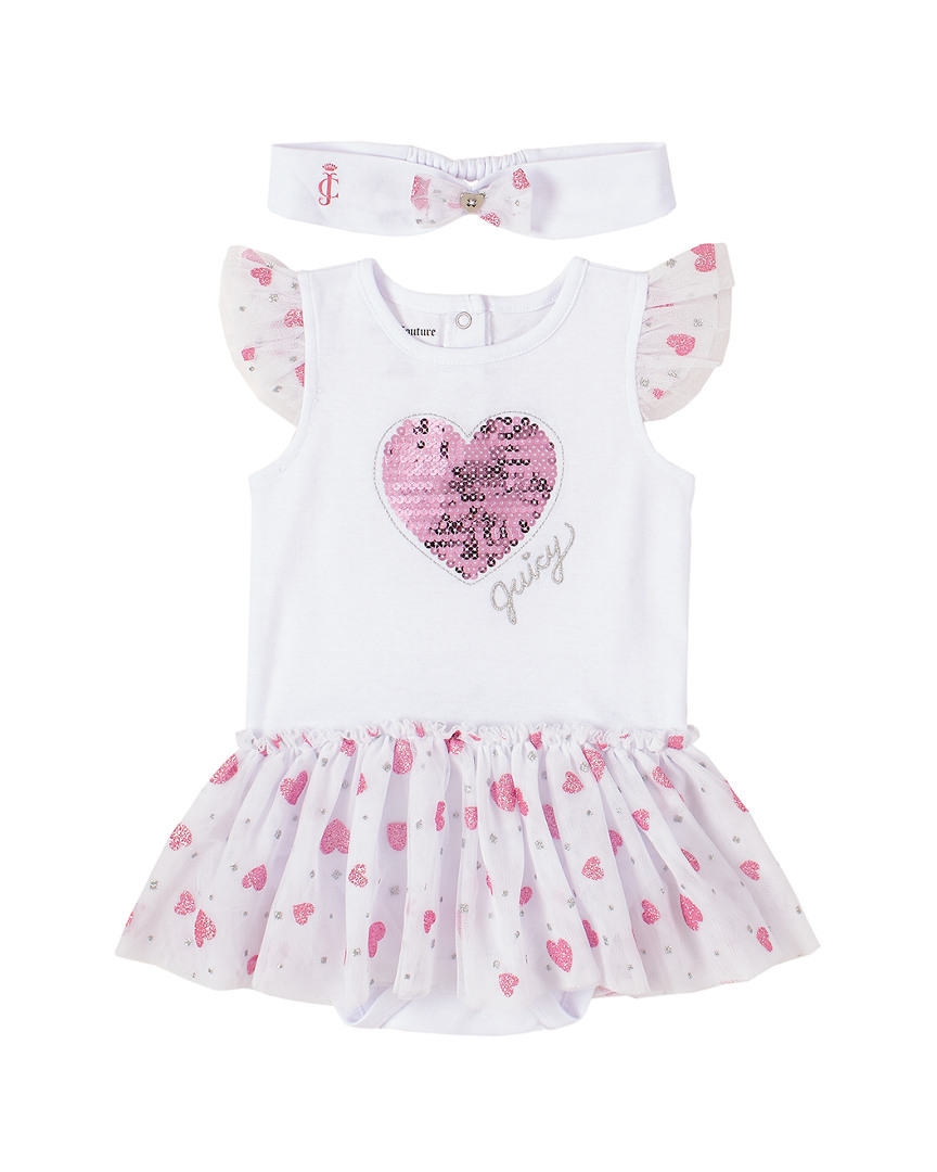 Juicy Couture Girls' Infant Bodysuits 0036 - White & Pink Heart Sequin Logo Skirted Bodysuit & Bow Headband - Infant