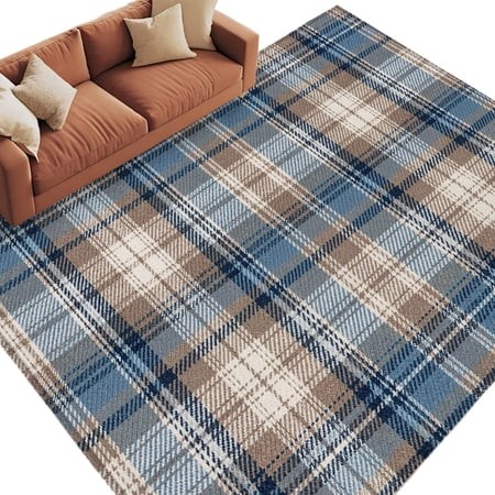 Blue Gray Buffalo Plaid Washable Living Room Rugs 6 X9   Rustic Farmhouse Low Pile Throw Large Area Rug Non-Slip Sturdy Edge Binding Carpet for Dining