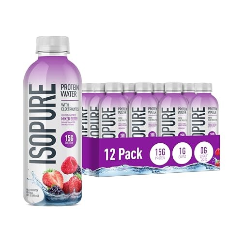 Isopure Clear Protein Water with Electrolytes, 15g Whey Protein Isolate, Zero Sugar, Mixed Berry, 20 Fl Oz Bottles, 12-Pack
