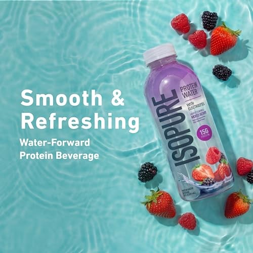 Isopure Clear Protein Water with Electrolytes, 15g Whey Protein Isolate, Zero Sugar, Mixed Berry, 20 Fl Oz Bottles, 12-Pack thumbnail