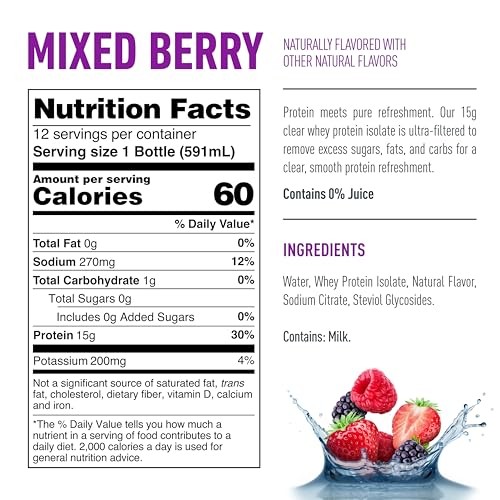 Isopure Clear Protein Water with Electrolytes, 15g Whey Protein Isolate, Zero Sugar, Mixed Berry, 20 Fl Oz Bottles, 12-Pack thumbnail