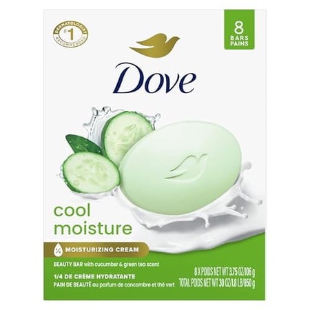Dove Beauty Bar Soap Cool Moisture Cucumber & Green Tea Scent  8 Bars for Refreshed Skin  Leaves Skin Refreshed 3.75 Oz