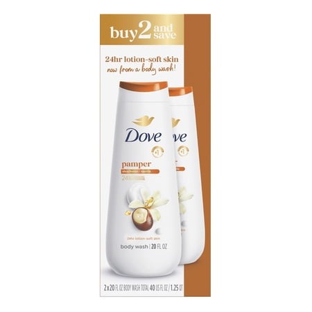 Dove Body Wash for 24hr Lotion-Soft Skin Pamper Shea Butter & Vanilla Moisturizing Skin Cleanser with No Sulfates No Parabens  20 Fl Oz 2 Pack
