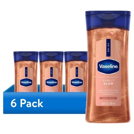 (6 Pack) Vaseline Glazed & Glisten Sunlit Glow Vanilla Cocoa Shimmering Body Gel Oil with Ultra-Hydrating Lipids and 100% Pure Cocoa Butter  6.8 Fl Oz