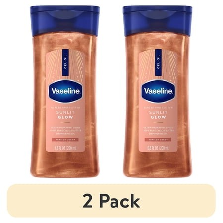 (2 Pack) Vaseline Glazed & Glisten Sunlit Glow Vanilla Cocoa Shimmering Body Gel Oil with Ultra-Hydrating Lipids and 100% Pure Cocoa Butter  6.8 Fl Oz