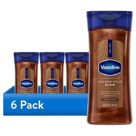 (6 Pack) Vaseline Glazed and Glisten Golden Hour Glow Vanilla Cocoa Shimmering Body Gel Oil with Ultra-Hydrating Lipids and 100% Pure Cocoa Butter  6.